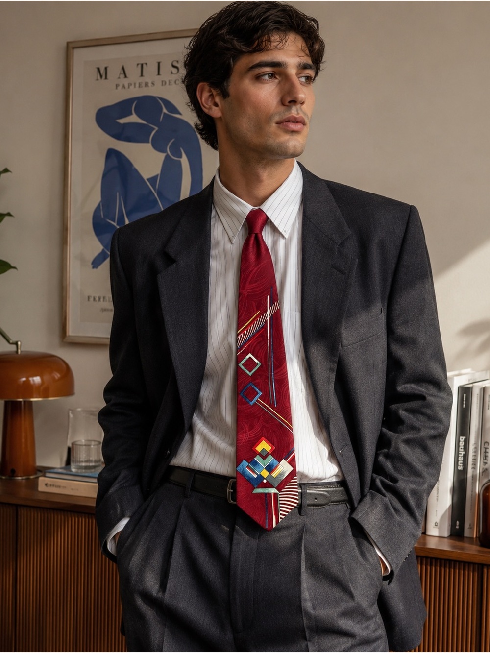 Como Collezione Burgundy Silk Tie Abstract Art Deco